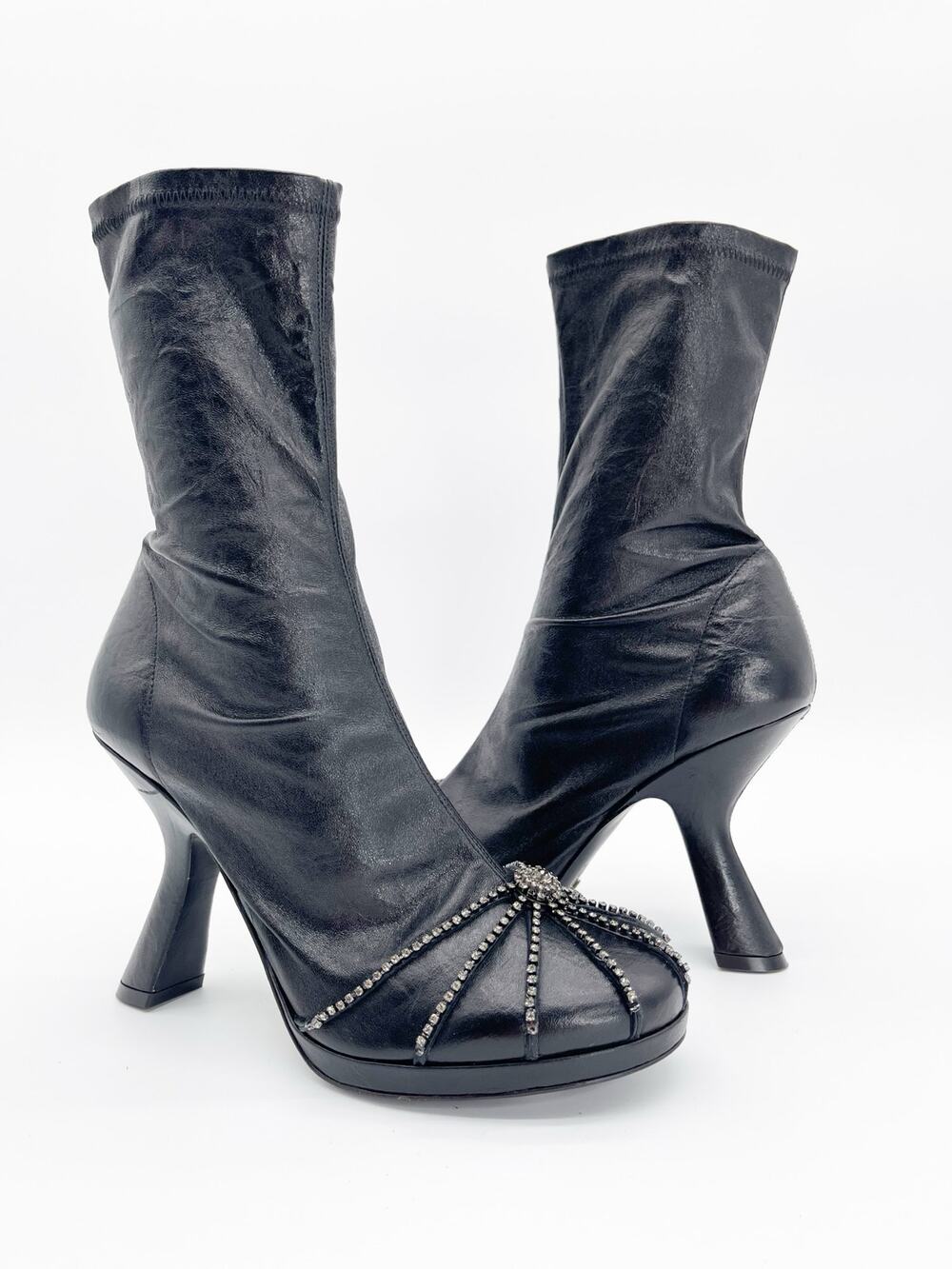 Dior Fall 2023 Runway Black Leather Origine Crystal Heeled Ankle Boots EU 38.5